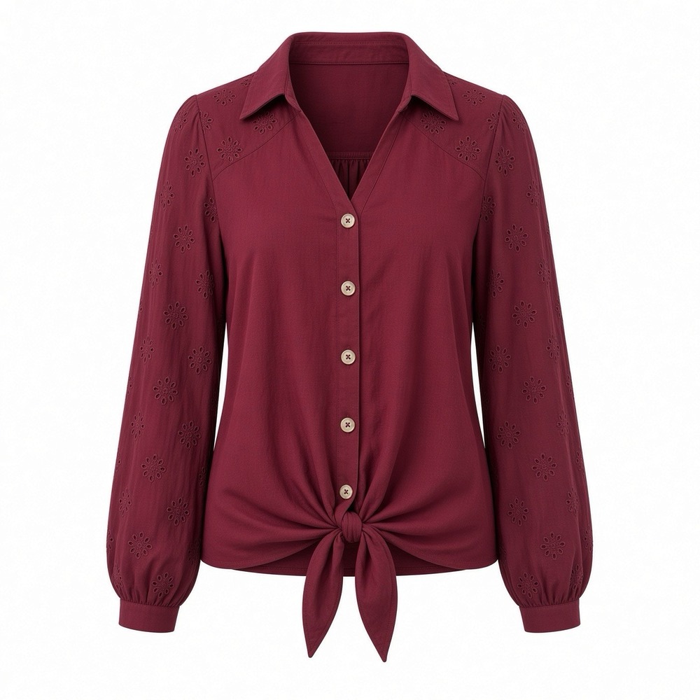 Maeve Anthropologie XS Burgundy Tie Front Blouse Embroidery Balloon Sleeve